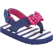 Girls Toddler Beach Flip Flop W Ankle Strap Size 3 Blue Stripes Pink Bow - $9.74