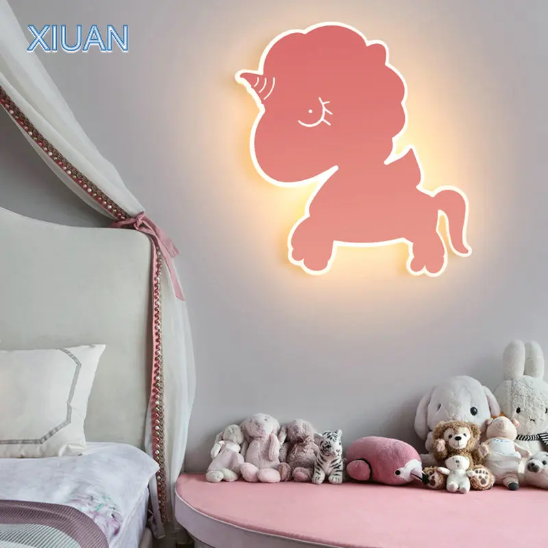 Cartoon Animal Wall Lamp Iron Lampshade White Blue Pink Wall Lights for ... - $41.92+
