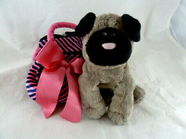 Pug Pup Dog Plush Aurora World 7&quot; Tan Black in Pink &amp; Black purse carrier - £9.48 GBP