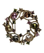 Vintage Floral Wreath Monet Gold Tone Color Rhinestone Round 2&quot; Brooch Pin - £22.17 GBP