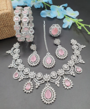 18k White Gold Filled Necklace Bracelet Lab-Created Diamond Pink Jewelry Set - £115.69 GBP