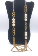 Vintage Chunky Layered Gold Tone Chain Chunky Faux Pearl Necklace Estate - £8.99 GBP