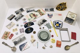 JUNK DRAWER LOT MAP OLD PHOTOS PINS PATCHES BUTTONS STAMPS SPOONS COIN C... - $65.55