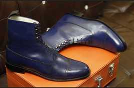 Handmade men&#39;s bespoke genuine calf leather blue laceup high ankle boots... - £117.98 GBP+