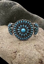 Southwest Zuni Style Silver Tone Faux Turquoise Cluster Cuff Bracelet 7 5/8&quot; - £20.78 GBP