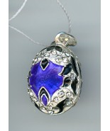 Russo Finto Argento Uovo Ciondolo, Blu Scuro Spiegate &amp; Decor W/Clear Pi... - $52.51