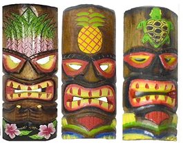 Set of 3 Polynesian Tiki Bar Style Parrot Skull Flower Wall Masks 12 in Island A - £27.68 GBP
