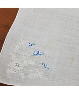 Vintage Handkerchief Embroidery Blue White Floral Ivory Approx 11x11 Inch - $10.33