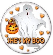 Set of 2 He&#39;s My BOO &amp; She&#39;s My BOO Funny HALLOWEEN Costume Cosplay prop Buttons - £9.64 GBP