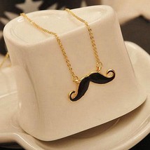 MUSTACHE NECKLACE 2&quot; Black Enamel Charm Pendant 27&quot; Chain Handlebar Mous... - $36.41 MXN