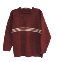 VTG Handknit Wool Sweater Maroon White Stripe Crewneck Mens XL - $84.10
