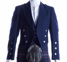 Highland Blue Wool Prince Charlie Jacket &amp; Waistcoat Vest Blue Charlie Kilt Jack - £113.91 GBP