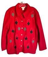 Vintage Women’s Size L Alfred Dunner Red Argyle Holiday Fleece Jacket Ca... - $14.13