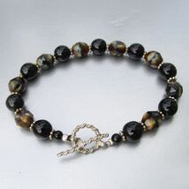 Handmade Vintage Sterling Silver Toggle Brown &amp; Black Bead Bracelet 7 1/2" - $14.84