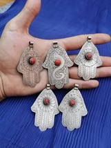 5 Moroccan Old Silver Hand Of Fatima Hamsa Pendant Amulet, Berber Jewelry, Afric - £188.87 GBP