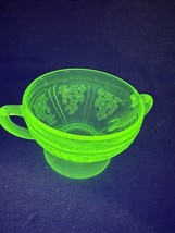 Vintage Green Uranium Two Handled Glass Sugar Dish &quot;Cabbage Rose&quot; - £23.35 GBP