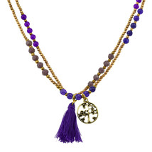 Mystic Tree of Life Purple Tassel Brass and Amethyst Double Strand Necklace - £9.93 GBP