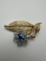 Vintage Gold Tone Iridescent Rhinestone Flower Brooch 2.75&quot;  BB3 - $29.45