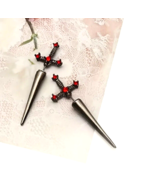 Gothic Punk Dagger Sword Earrings Gun Metal Tone Red Rhinestones - £9.91 GBP