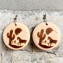 Wood &amp; Silver-Plated Sunset Cactus Horse Round Drop Earrings - £10.44 GBP