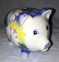Small Cute Colorful Ceramic Piggy Bank Blue w/ Daisy Flowers 5&quot;L x 3&quot;W EUC - £12.50 GBP