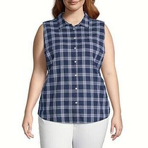 St. John&#39;s Bay Women&#39;s Plus Sleeveless Button Front Shirt Size 0X Navy Plaid - £15.77 GBP