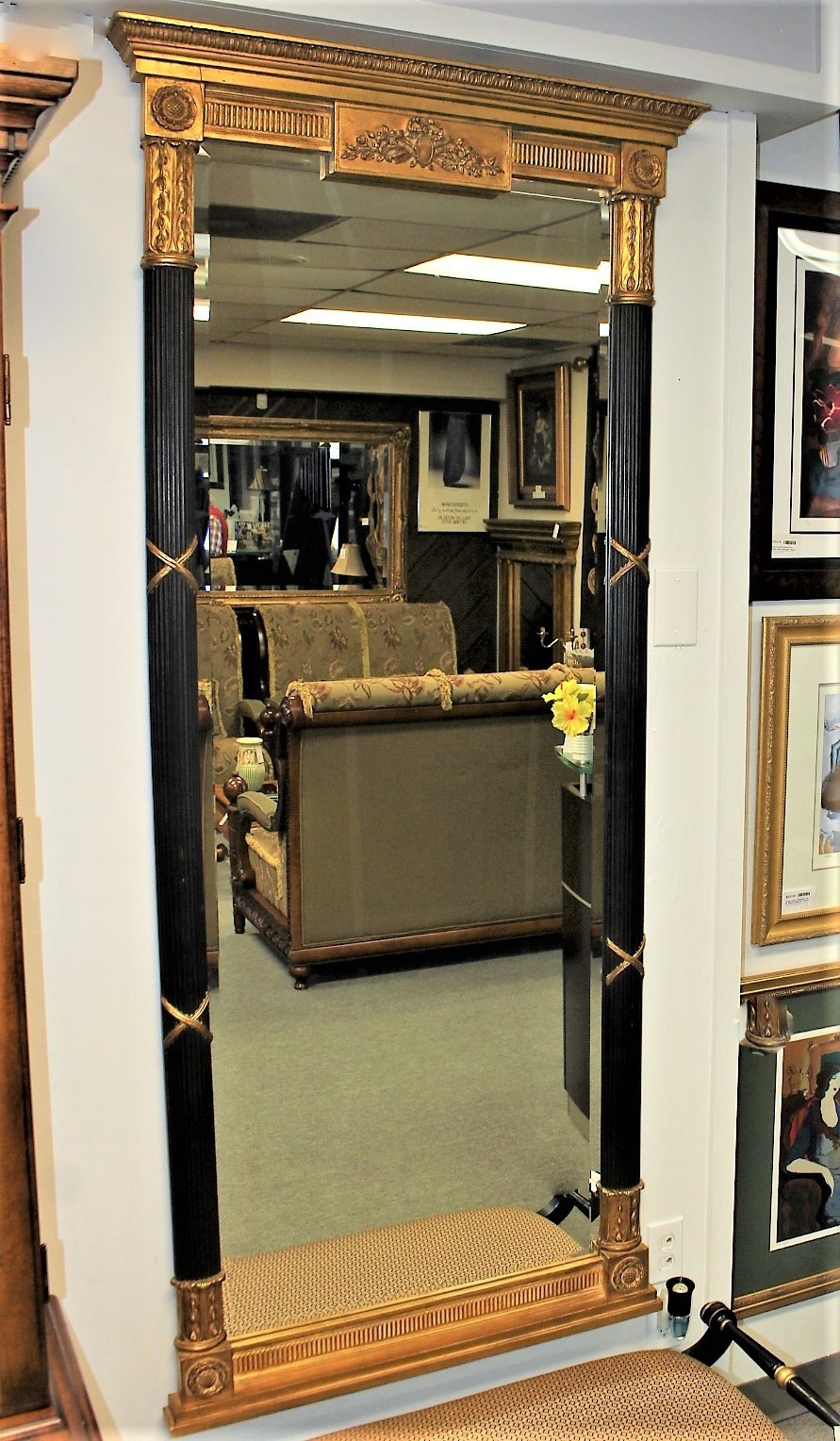 Carvers Guild Traditional Fluted Sheraton 77x35 Black Gold Beveled Floor Mirror - $1,500.00