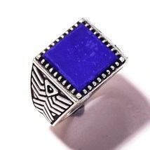 Blue Onyx Flat Square Gemstone 925Silver Overlay Handmade Engraving Ring US-8.75 - £13.54 GBP
