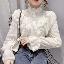 Women Elegant Ruffle Stitching Lace Casual Chiffon Stand Collar Victorian Long S - £20.09 GBP