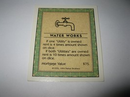 1995 Monopoly 60th Ann. Board Game Piece: Water Works Property Deed - $1.00
