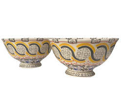 Anthropologie Paola Footed Soup Cereal Bowl Set Of 2 / Yellow Gray Red - £9.95 GBP
