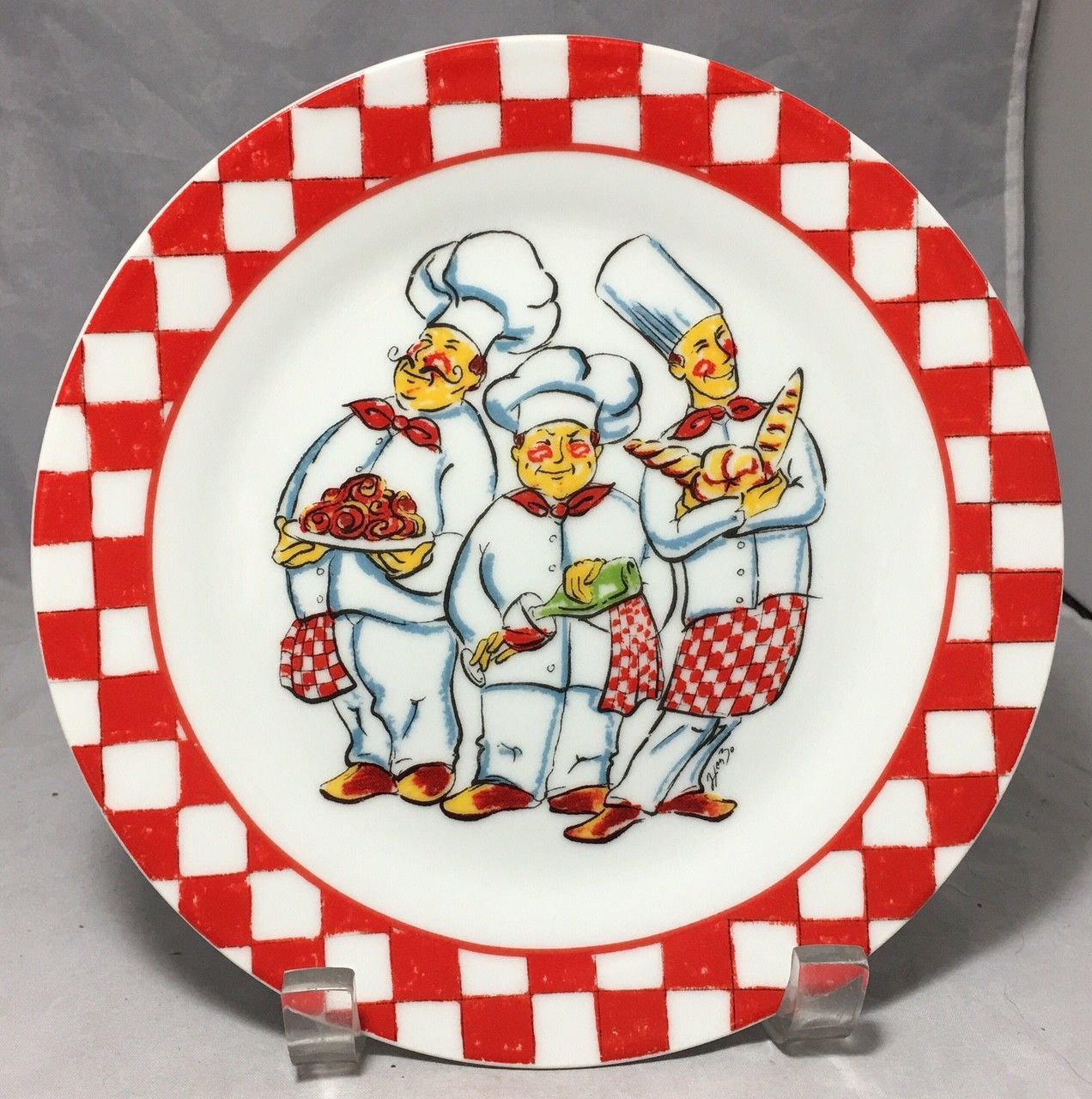 I. Godinger Three chefs with Pasta bread & wine red checkers rim dessert plate - $5.89