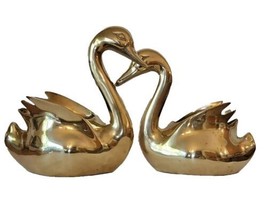 Solid Brass Swan Goose Figurine Planter Pair MCM Sleek Glossy Patina Lot 2 70s - £60.86 GBP