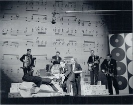 Bill Haley and His Comets on stage Bill plays guitar as band clowns 8x10 photo - $12.99