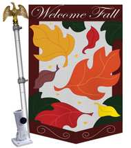 Welcome Fall Leaves - Applique Decorative Aluminum Pole &amp; Bracket House Flag Set - £69.50 GBP