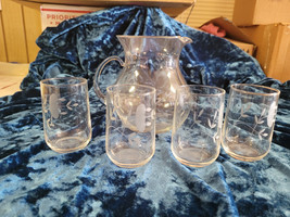 Set of 5 Clear Glass Etched Juice Pitcher 5.5&quot;  and Juice Glasses 3.5&quot; - £24.03 GBP