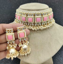 Bollywood Style Gold Plated Bridal Kundan Pearl Pink Necklace Jhumka Jewelry Set - £30.19 GBP