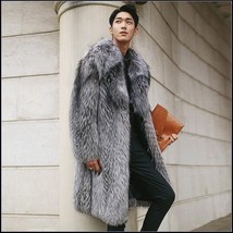 Wild Silver Gray Siberian Coyote Wolf Faux Fur Unisex Executive Long Coat Jacket - £233.89 GBP