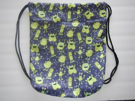 Drawstring athletic bag Backpack navy blue with green aliens black straps - $14.84