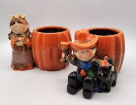 Pair of New Yankee Candle Tea Light Holders Princess &amp; Cowboy w/Cat Pumpkins - $21.46