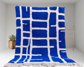 Morocco rug Area Blue Handmade Carpet Oriental Minimalist woolen Soft Flyffy Rug - £310.61 GBP