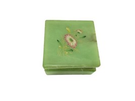 Vintage Albaster Hand Carved Italy Green Square Floral Hinged Trinket Ring Box - £11.83 GBP