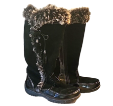 9.5M Black SPORTO Side Winder MidCalf Winter Boots Faux Fur Suede Patent Leather - £21.66 GBP