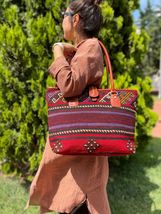 Kilim Bag,Brown Leather Handbag, Shoulder Bag HANDBAG,Floral patterned rug bag  - £191.80 GBP