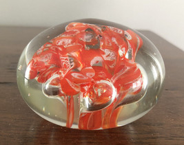 Orange White Swirls Oval Glass Paperweight Ribbon Art Clear Desk Shelf D... - $9.73