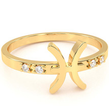 Pisces Zodiac Sign Diamond Ring In Solid 14k Yellow Gold - £196.94 GBP