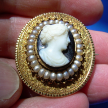 Antique Memento mori Brooch Victorian 14k Deco Pendant Onyx Cameo Pearls - £2,635.71 GBP