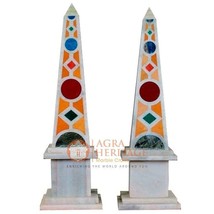 26&quot; Pair of Marble Obelisks with Italian Pietre Dure Malachite Lapis Mosaic E515 - £4,665.03 GBP