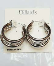Dillard&#39;s Rhodium Plated Silver Triple Hoop Earrings Sensitive Skin New 1 Inch - £10.70 GBP