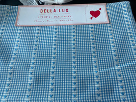 Bella Lux Set of 4 Light Blue Gingham Hearts Placemats 13&quot; x 19&quot; NEW - £22.74 GBP